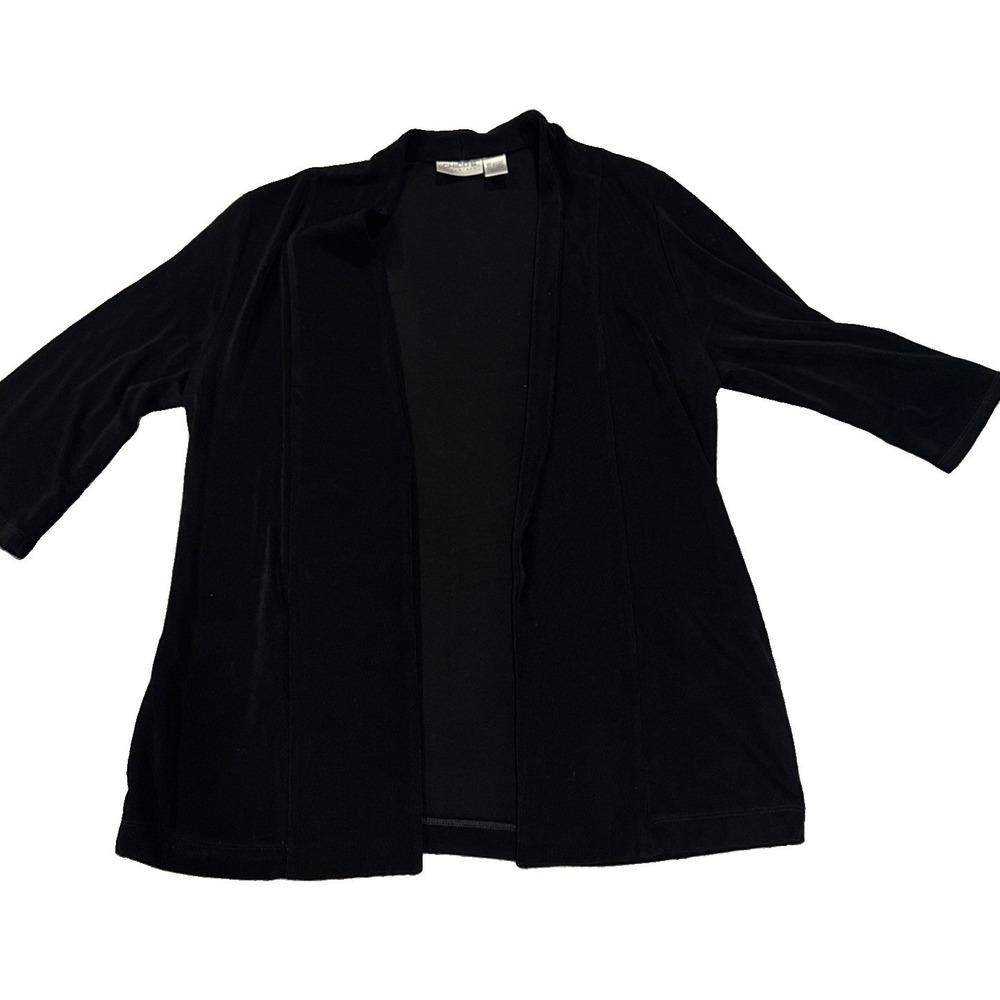 Chicos Size 1 Travelers Womans Top Open Cardigan 3/4 Sleeve Black Size M Slinky